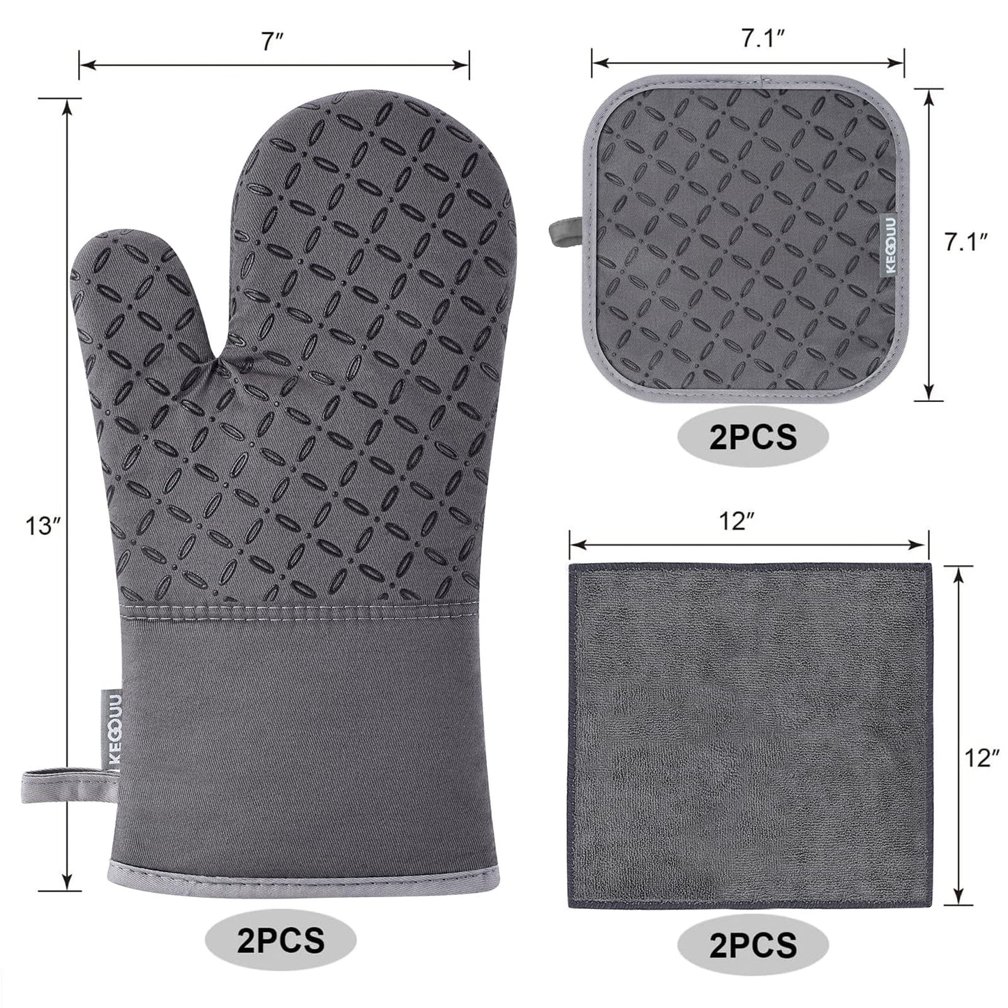KEGOUU 6-Piece Oven Mitt & Pot Holder Set – 500°F Heat Resistant, Extra Long, Non-Slip Silicone for Cooking, Grey