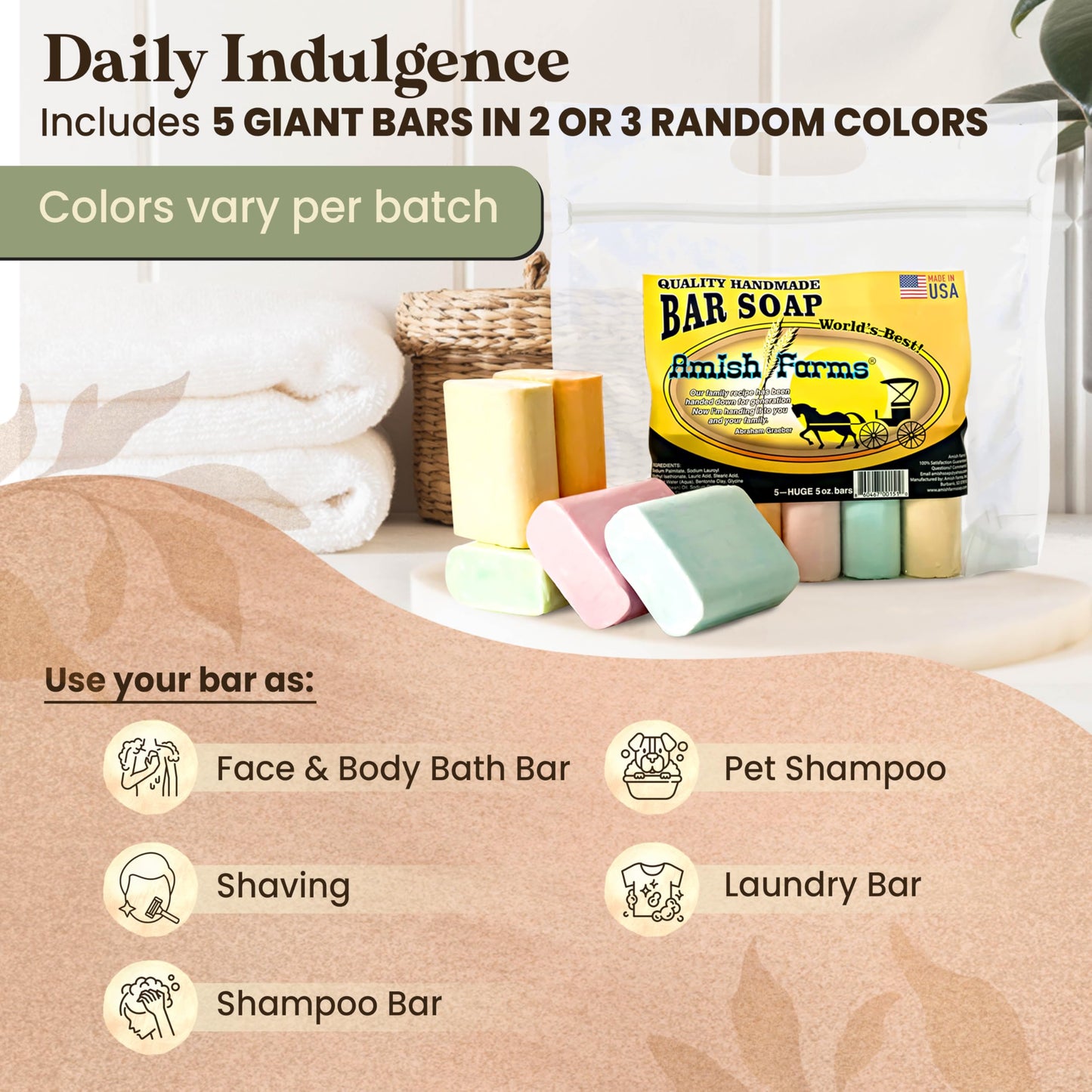 Amish Farms Bentonite Clay Soap Bar – 5-Pack, Vegan, Moisturizing, Sensitive Skin, Face & Body, Clean Scent, Made in USA, 5oz Each