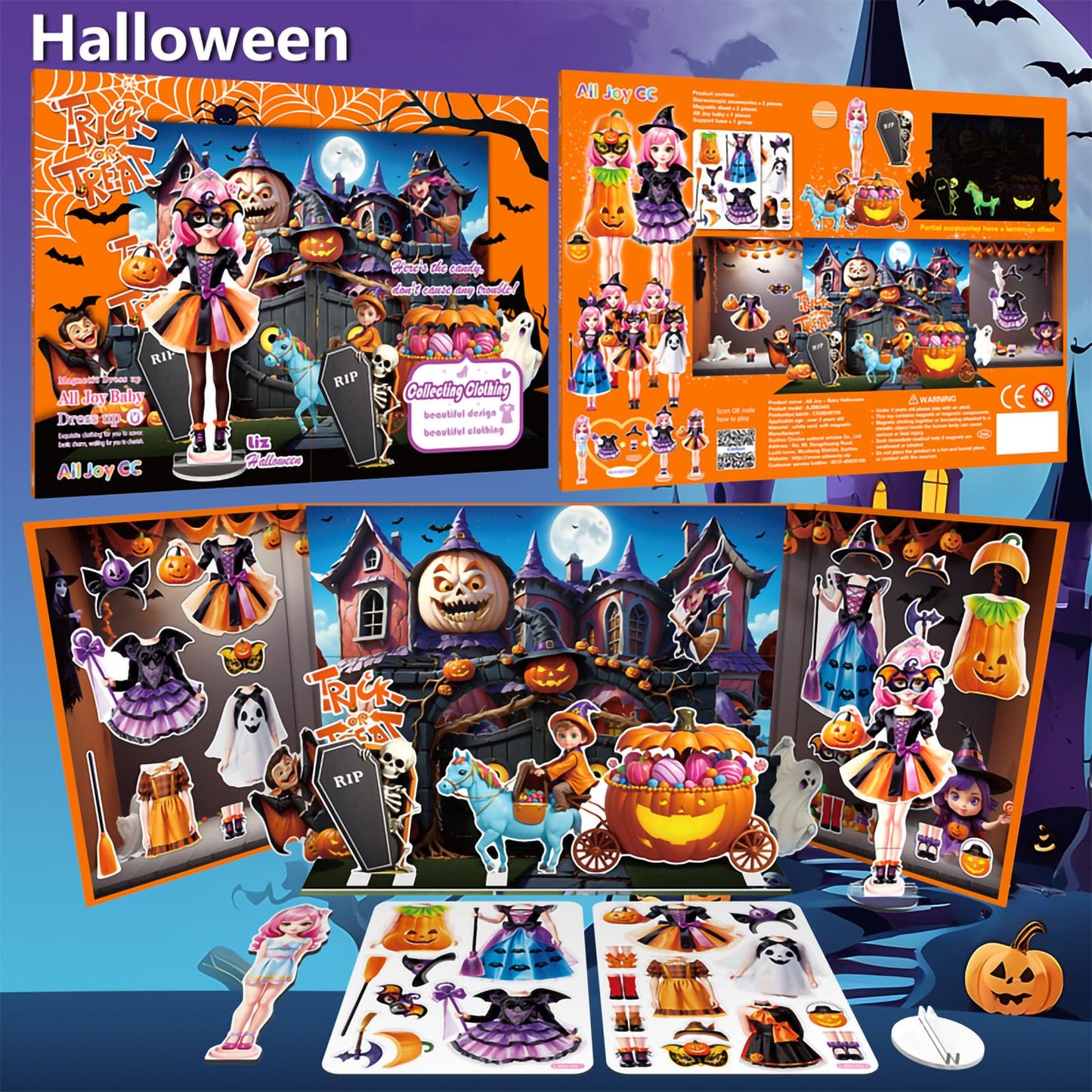 Halloween Magnetic Dress-Up Dolls for Kids – Witch & Pumpkin Fairy Costumes with 3D Haunted House Scene, Travel Toy Gift Ages 3-7