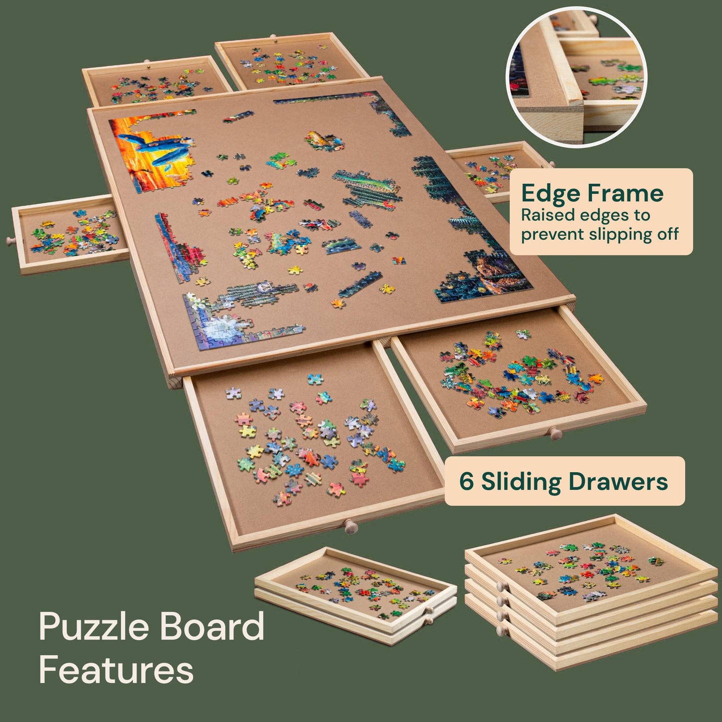 PlayVibe 1500-Piece Puzzle Board with Drawers & Cover – Portable Jigsaw Solve Station with Tray, Accessories & Raised Edges to Prevent Slipping