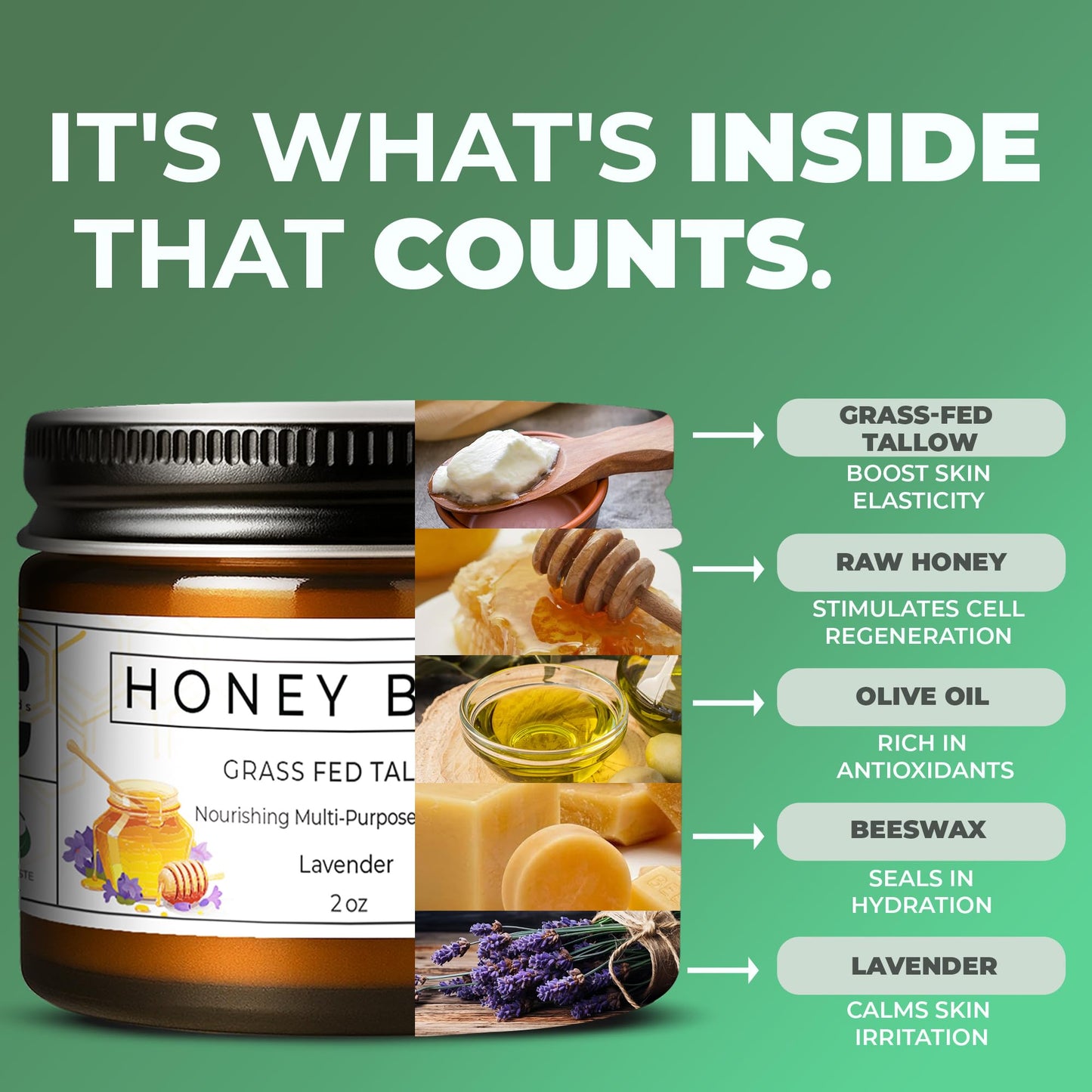 Really Good Blends Tallow & Honey Balm, Organic Body Butter with Grass-Fed Beef Tallow, Soothing All-Natural Moisturizer 2oz Lavender