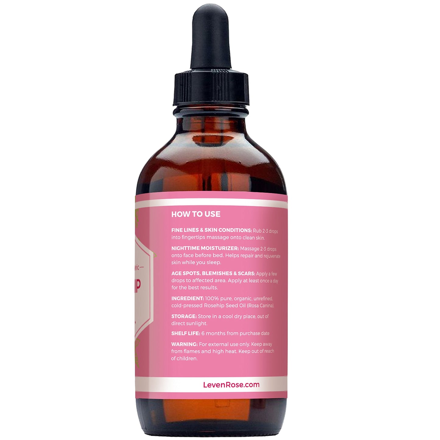 Leven Rose Rosehip Seed Oil 4oz – Pure, Unrefined, Cold-Pressed Face & Body Oil for Skin, Hair & Nails, Nighttime Moisturizer