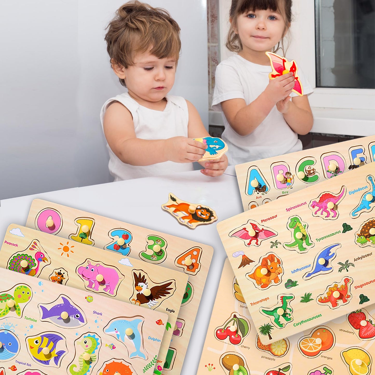 LOYUEGIYO 6PCS Toddler Wooden Peg Puzzles – Educational Sensory Toy for Kids Ages 2-5, Includes Dinosaur, Ocean, Alphabet, Numbers & More