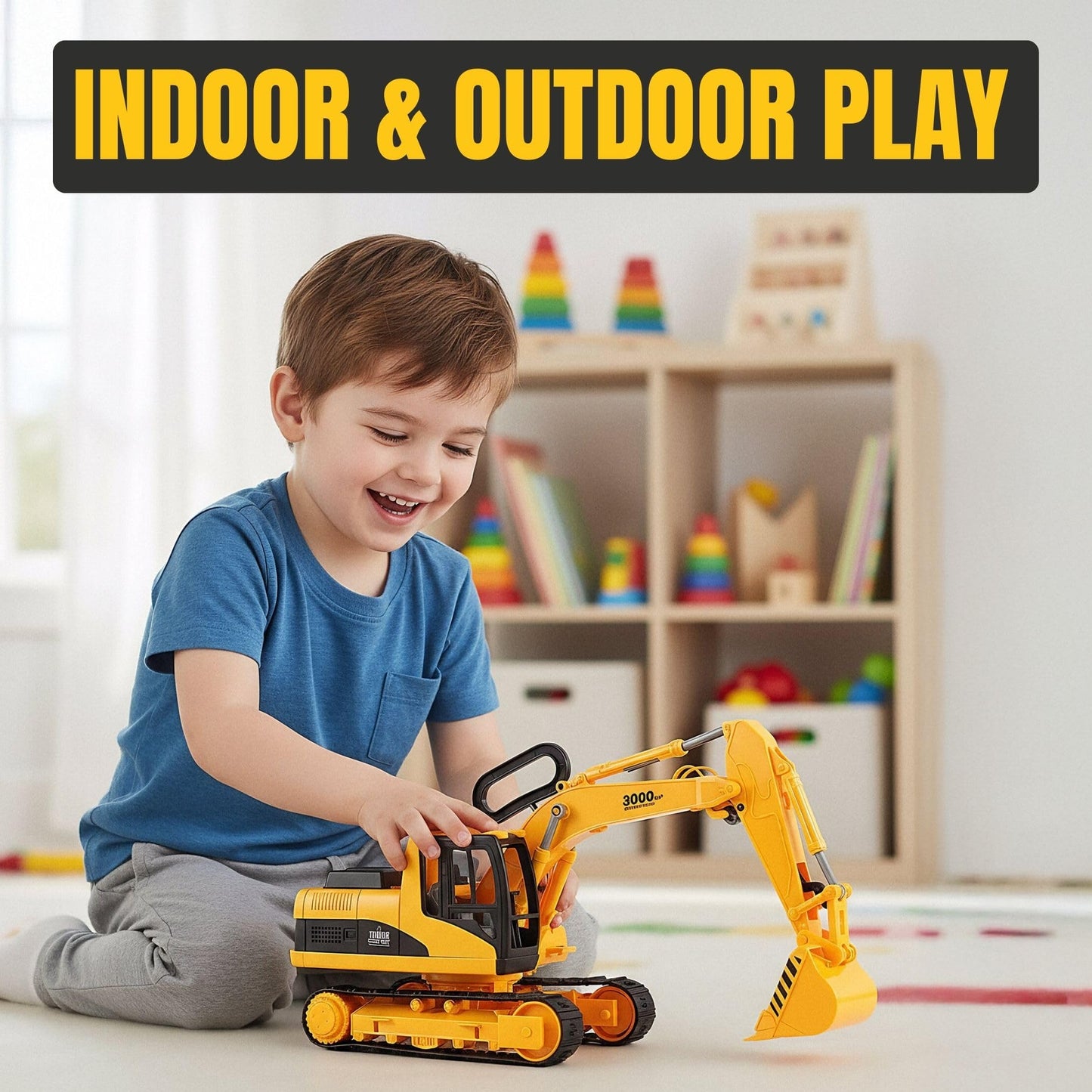 Liberty Imports 15" Oversized Construction Truck Toys for Kids – 1:22 Scale Friction Powered Vehicles with Realistic Moving Parts (Excavator)