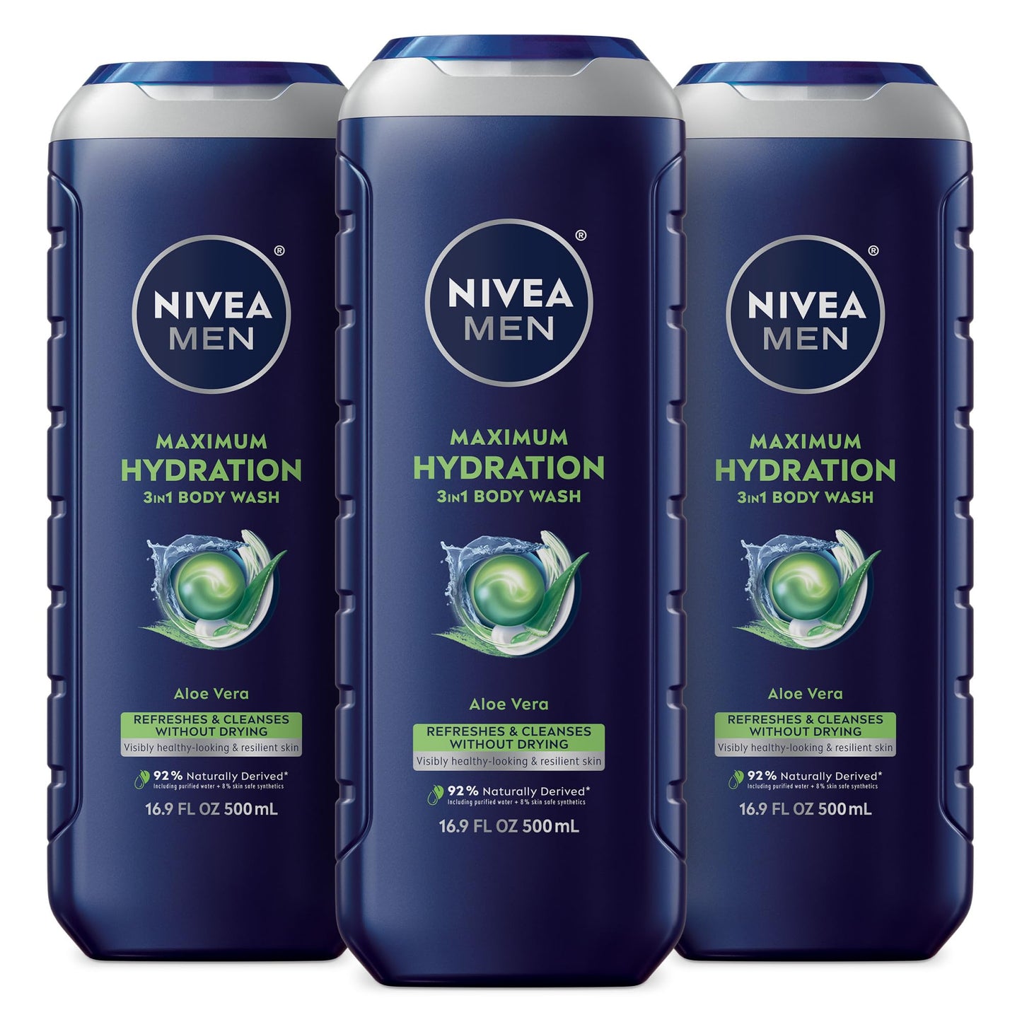 Nivea Men 3-in-1 Maximum Hydration Body Wash for Dry Skin, Aloe Vera, Face, Hair & Body, Paraben-Free, Vegan, 16.9oz, Pack of 3