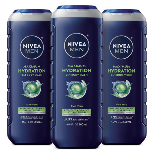 Nivea Men 3-in-1 Maximum Hydration Body Wash for Dry Skin, Aloe Vera, Face, Hair & Body, Paraben-Free, Vegan, 16.9oz, Pack of 3