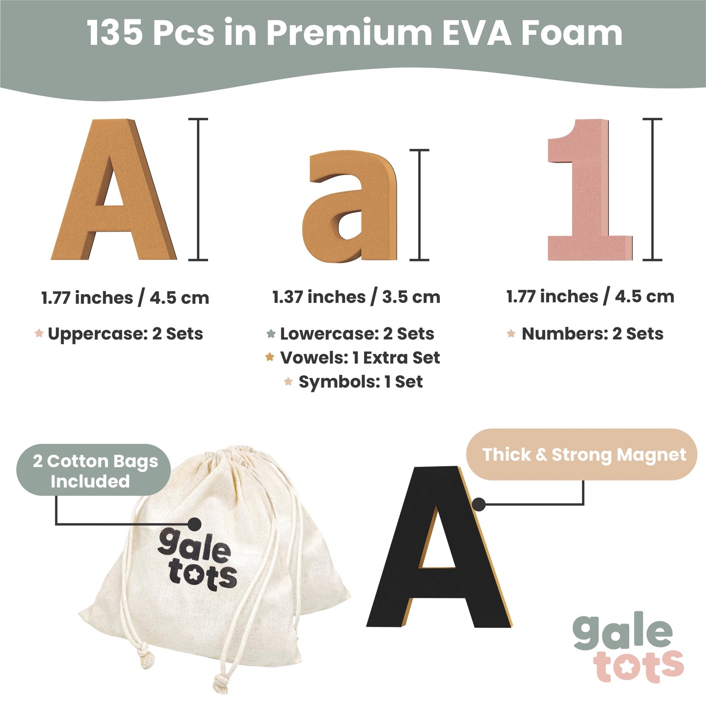 Gale Tots Magnetic Letters and Numbers - 135 PCS Alphabet Magnets in Soft Foam - Neutral Aesthetic Colors ABC Fridge Magnets for Kids