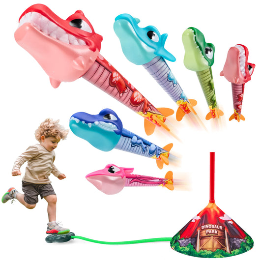 JOYIN Dinosaur Foam Rocket Launcher Toy for Kids – 6 Dino Rockets, Launches Up to 100 ft, Fun Gift for Boys 3-8, Birthday & Family Play