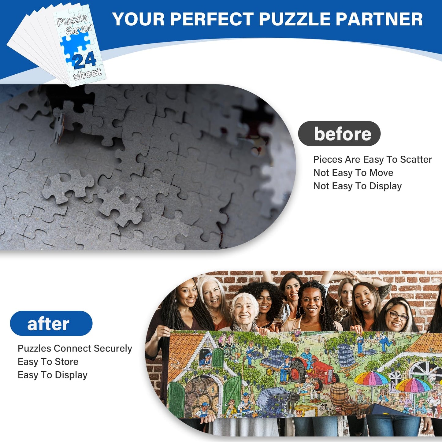 Puzzle Glue Sheets for 1000-Piece Puzzles – 24 Easy Peel & Stick Saver Sheets, No-Clean Jigsaw Stickers, Gift for Puzzle Lovers