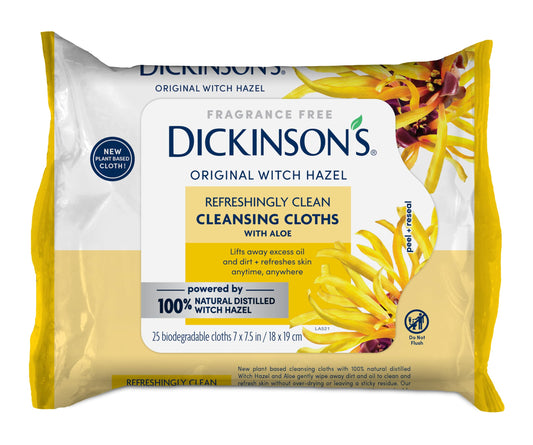 Dickinson's Witch Hazel Cleansing Cloths with Aloe – 100% Natural, Extra-Large, Refreshes & Cleans Skin, 25 Cloths Pack
