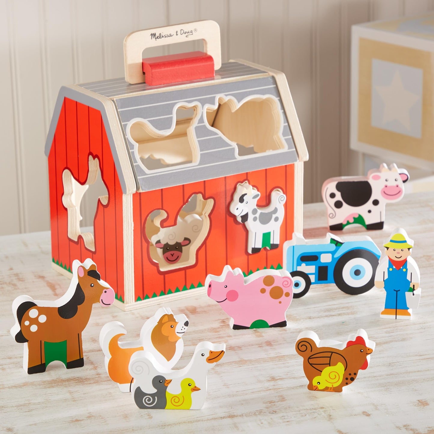 Melissa & Doug Take-Along Wooden Toy Barn, 11-Pc Portable Toddler Playset with Farm Animals & Pop-Up Roof, Preschool Learning Toys for Girls & Boys 2+