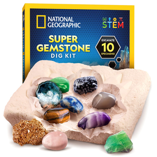 National Geographic Gemstone Dig Kit – Discover 10 Real Gemstones & Crystals, Science & Mining Kit for Kids, Gift for Boys & Girls