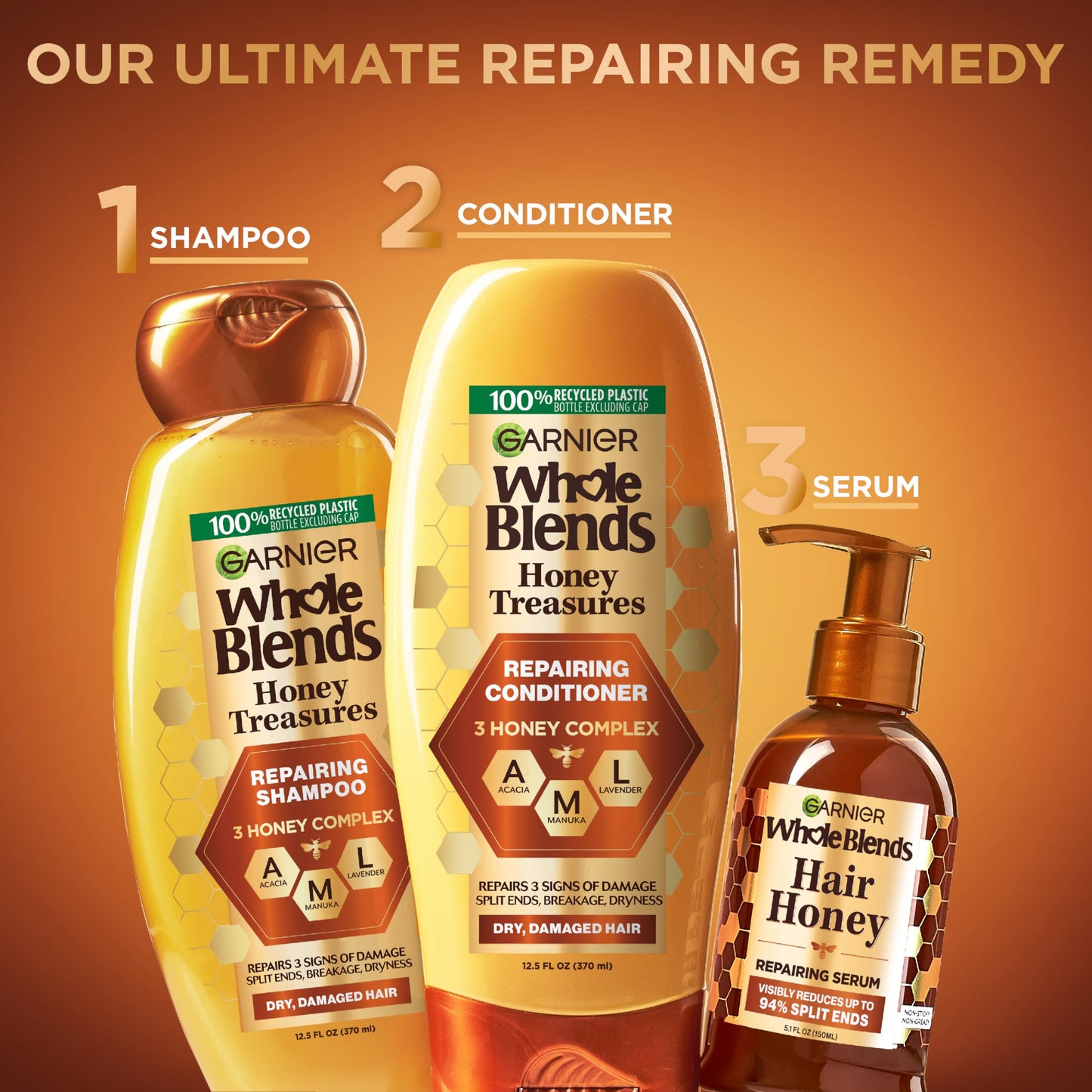 Garnier Whole Blends Honey Treasures Repairing Shampoo and Conditioner Set for Dry, Damaged Hair, 22 Fl Oz (2 Items), 1 Kit (Packaging May Vary)
