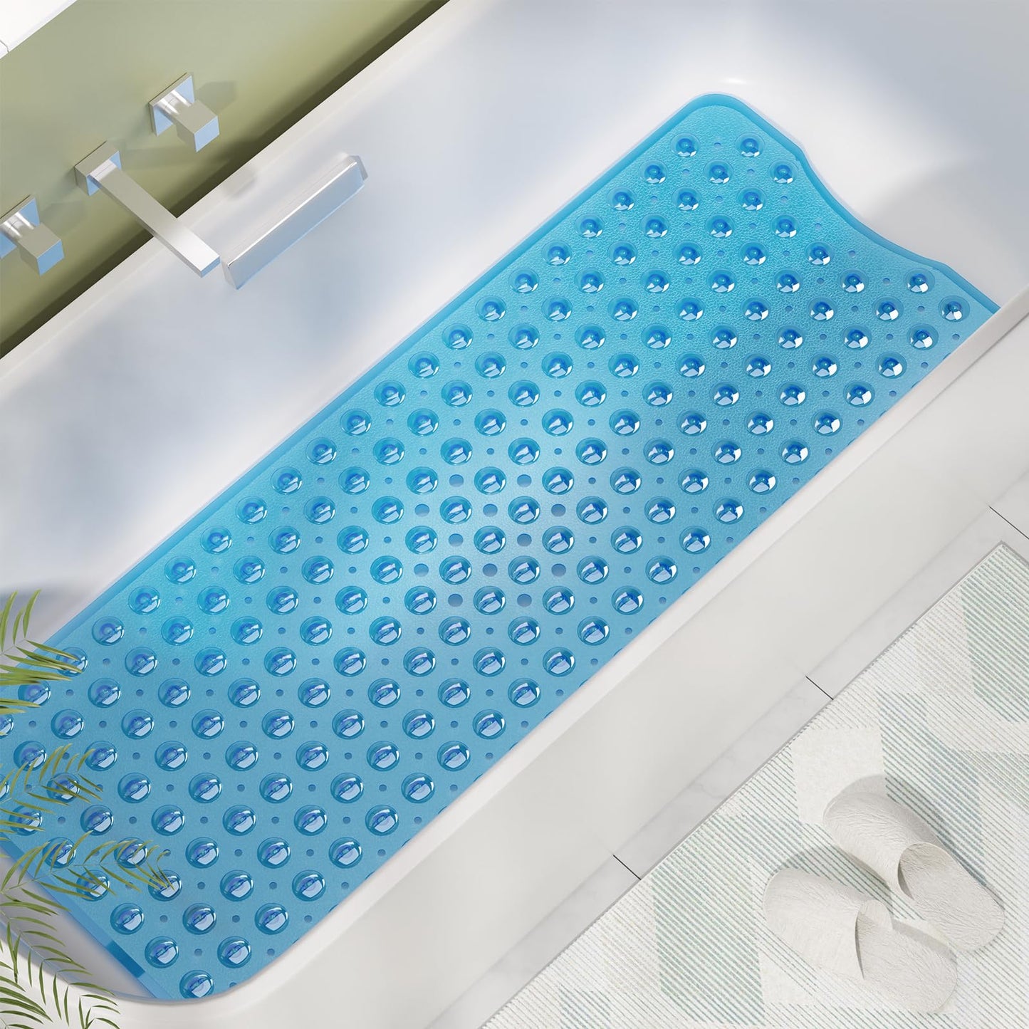 AmazerBath Non-Slip Shower Mat 40x16 – Bath Tub Mat with Suction Cups & Drain Holes for Kids & Elderly, Clear Blue