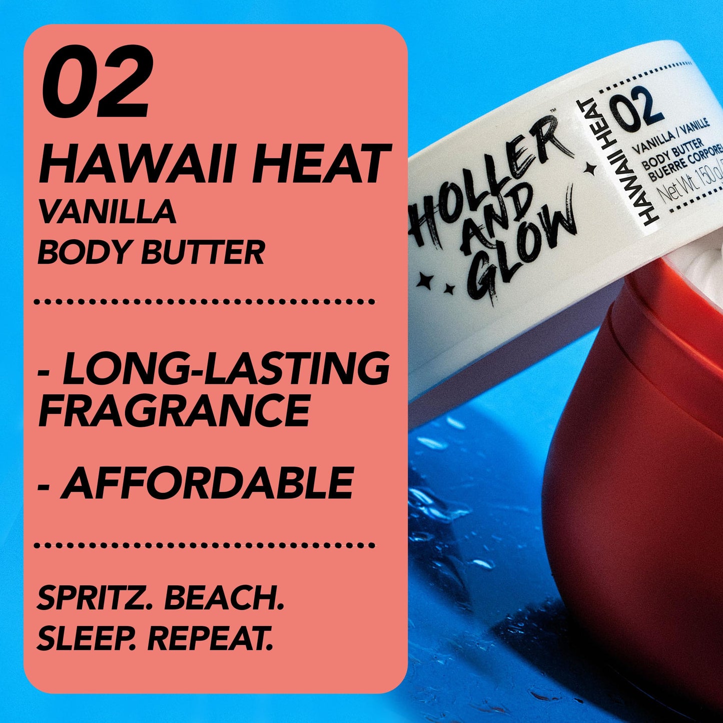HOLLER AND GLOW Hawaii Heat Vanilla Body Butter – Moisturizing & Nourishing Lotion for Extremely Dry Skin, Shea Butter, Peony & Amber, 5.29oz