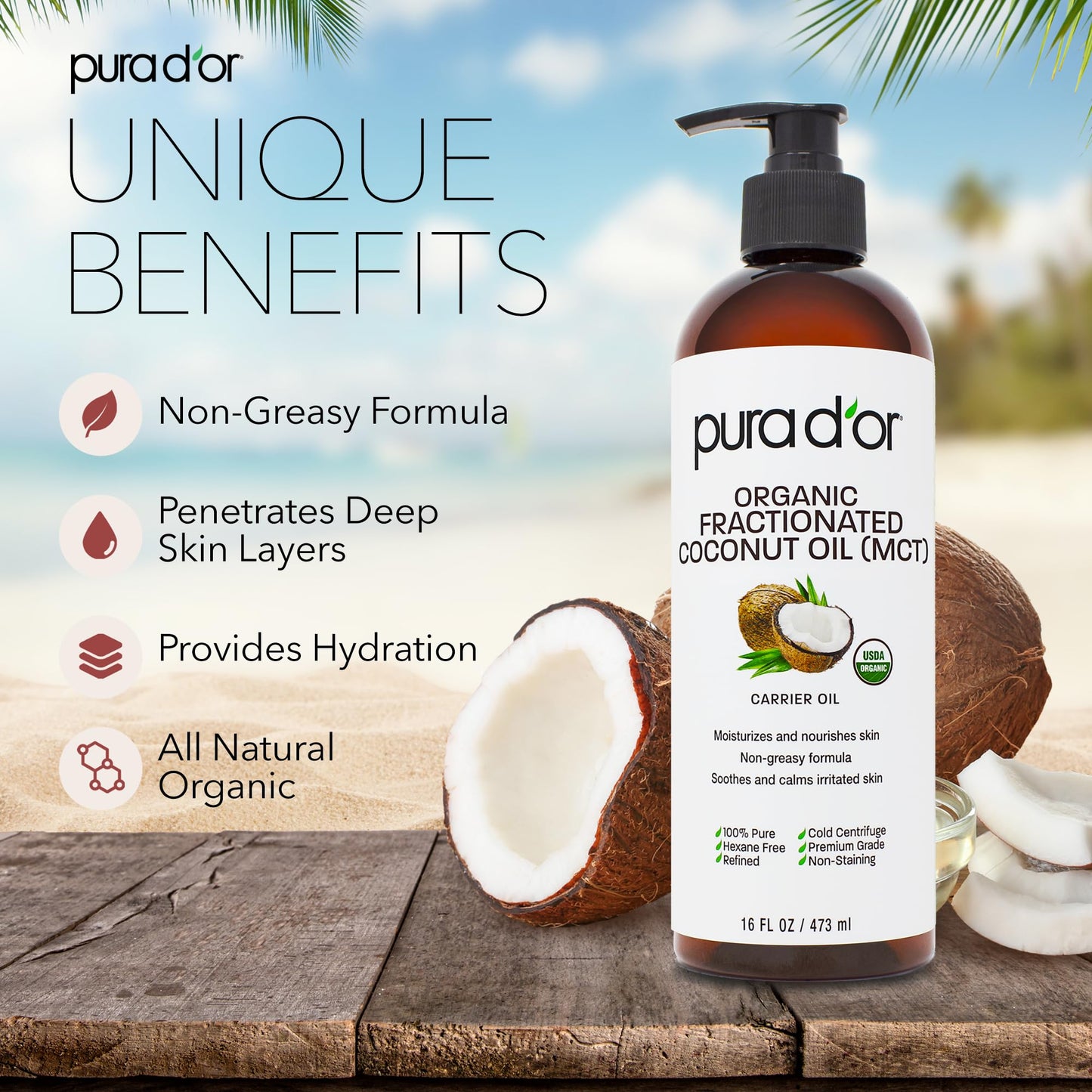 PURA D'OR 16oz Organic Fractionated Coconut Oil - MCT Carrier Oil, 100% Pure, Cold Pressed, Unscented, Hexane-Free for Hair, Skin & Face