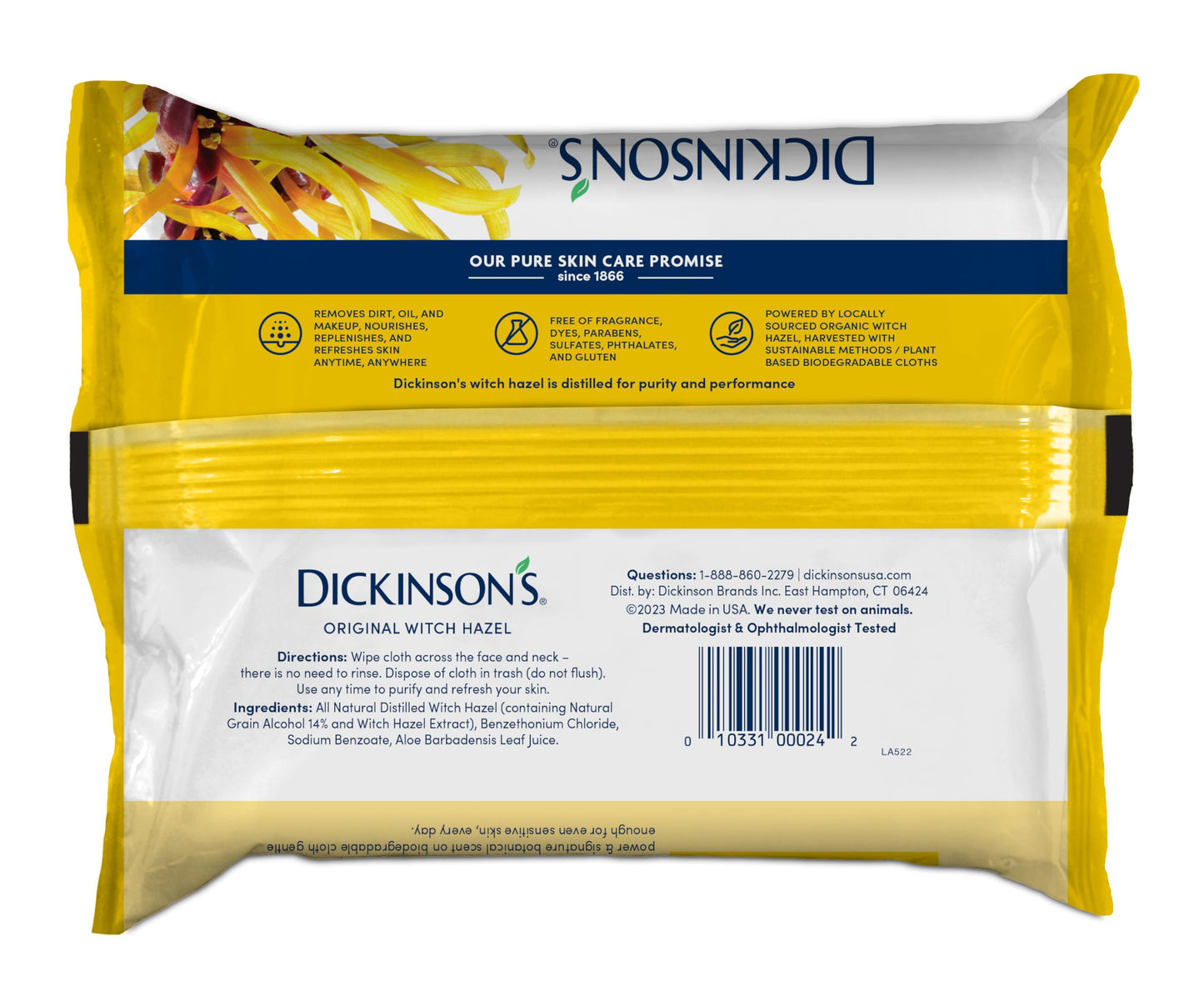 Dickinson's Witch Hazel Cleansing Cloths with Aloe – 100% Natural, Extra-Large, Refreshes & Cleans Skin, 25 Cloths Pack