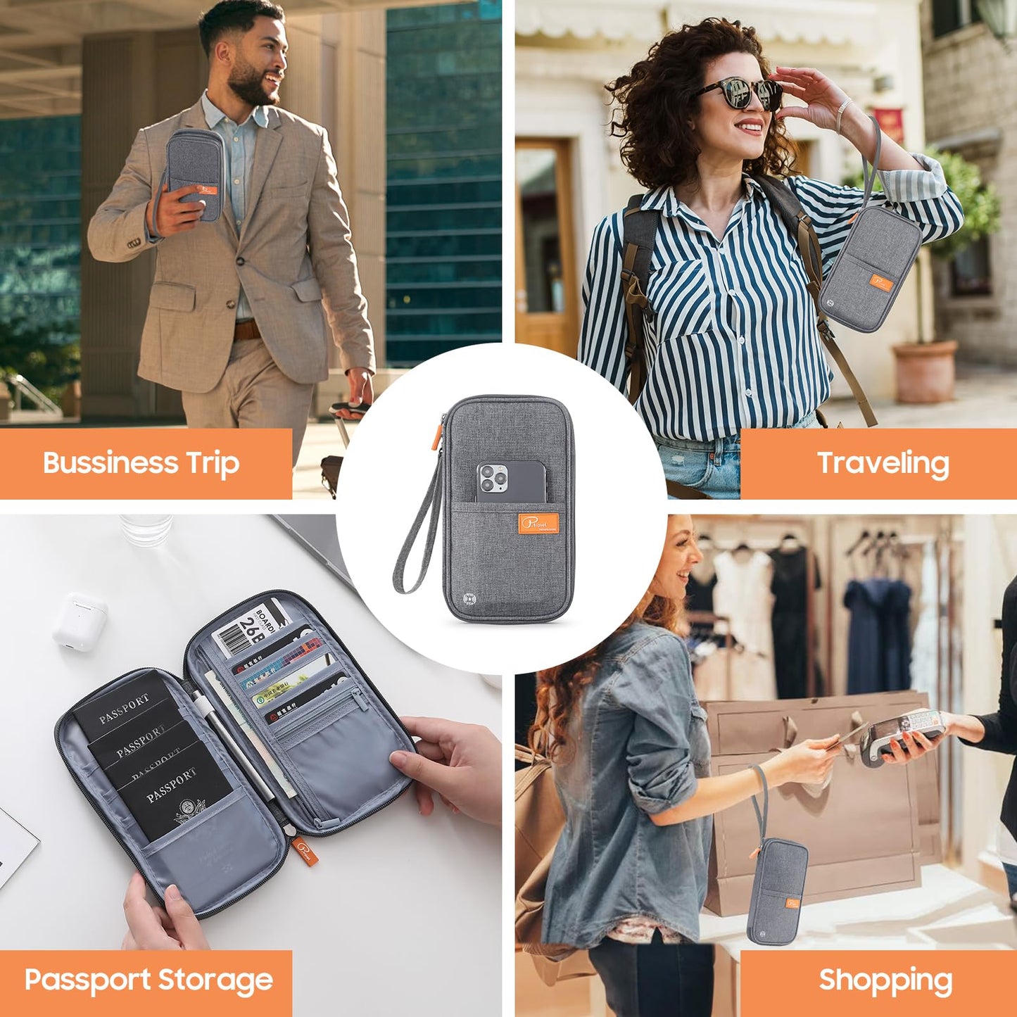 Travel Passport Wallet – Lightweight RFID Blocking Family Passport Holder & Waterproof Document Organizer Bag for Men & Women, Grey