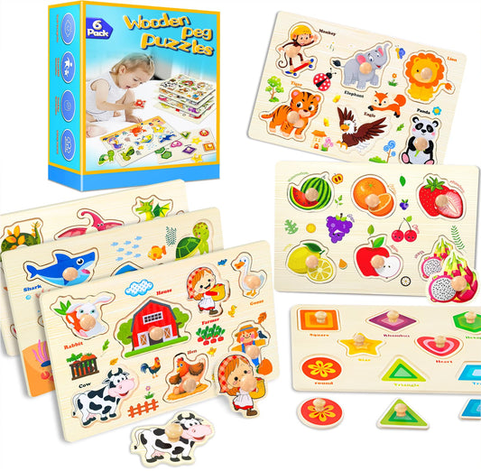 Wooden Peg Puzzles for Toddlers – 6 Montessori Learning Sets: Shapes, Farm, Sea, Dinosaurs, Fruits & Animals, Fine Motor Toys for Kids