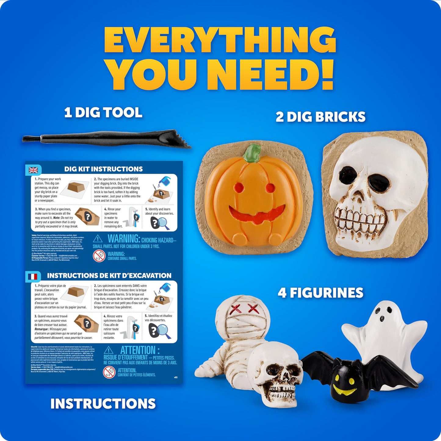 Blue Marble Halloween Dig Kit – Excavation Set with Skull, Pumpkin & Spooky Figures for Kids, Hands-On Activity & Boo Basket Fun