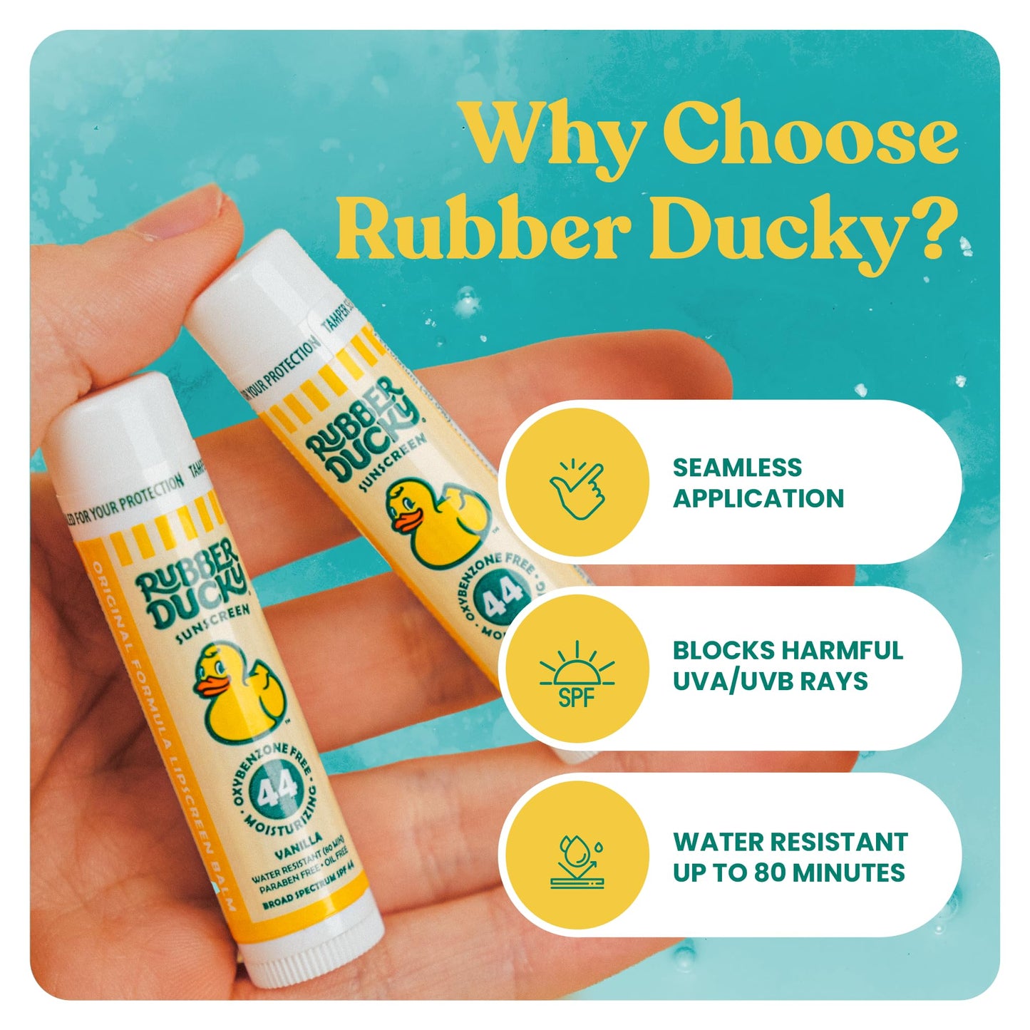 Rubber Ducky Lip Sunscreen SPF 44, Kids Vegan Lip Balm with Vitamin E, UV Protection, Water Resistant, Untinted, Vanilla Flavor, Broad Spectrum