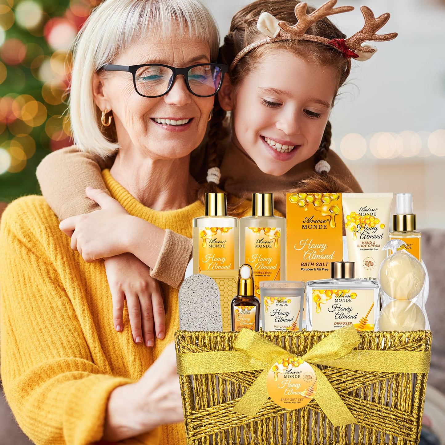 Luxury Bath & Body Gift Set – Honey Almond Spa Basket, 15-Piece Relaxing Home Spa Kit with Bubble Bath, Bath Salts & Body Lotion for Women & Teens