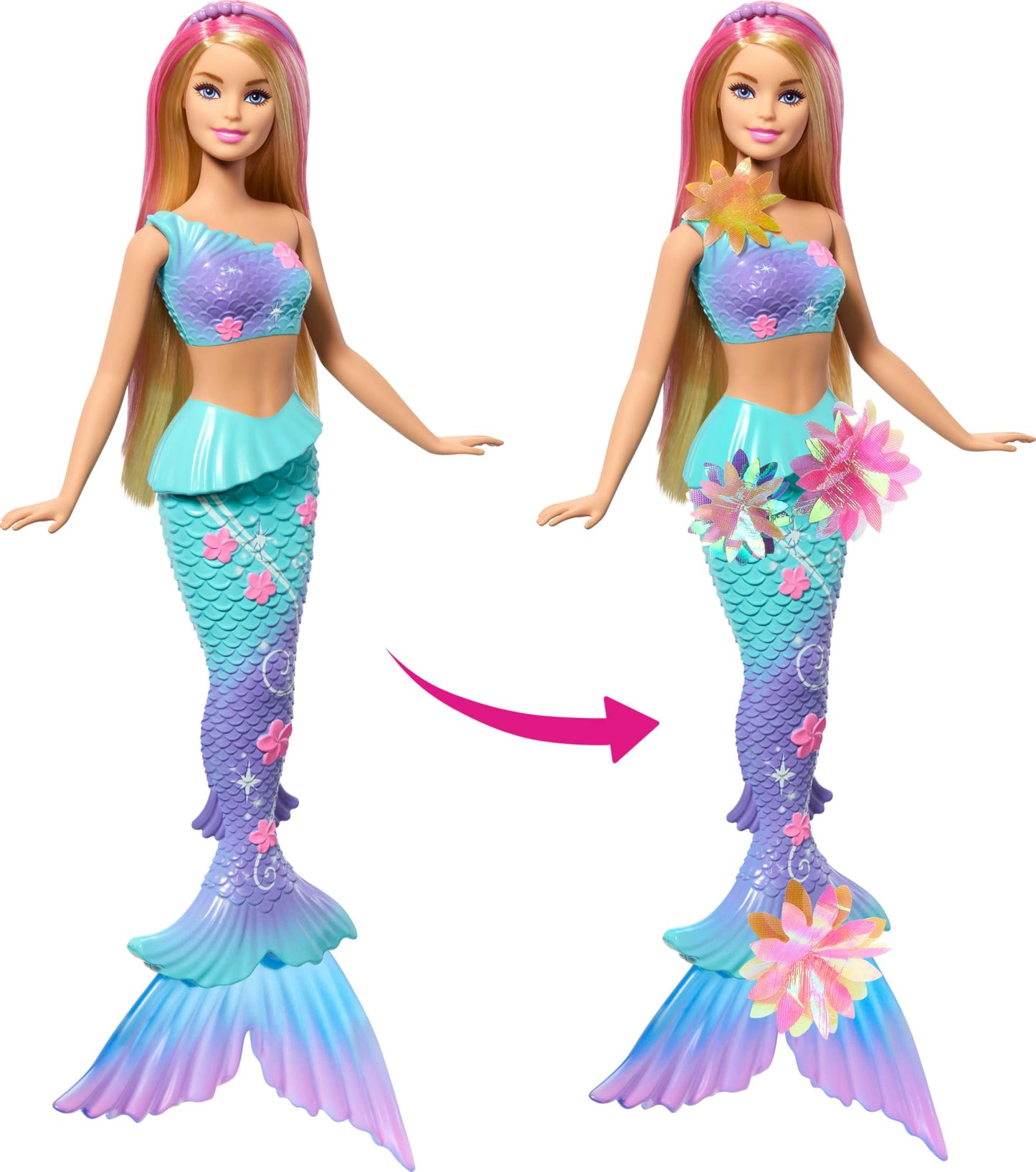 Barbie Mermaid Toy Dolls with Surprise Magic Blooming Flowers Feature, Ombre Tails, Pearl Headband Accessory & Long Blonde Hair with Pink Highlights