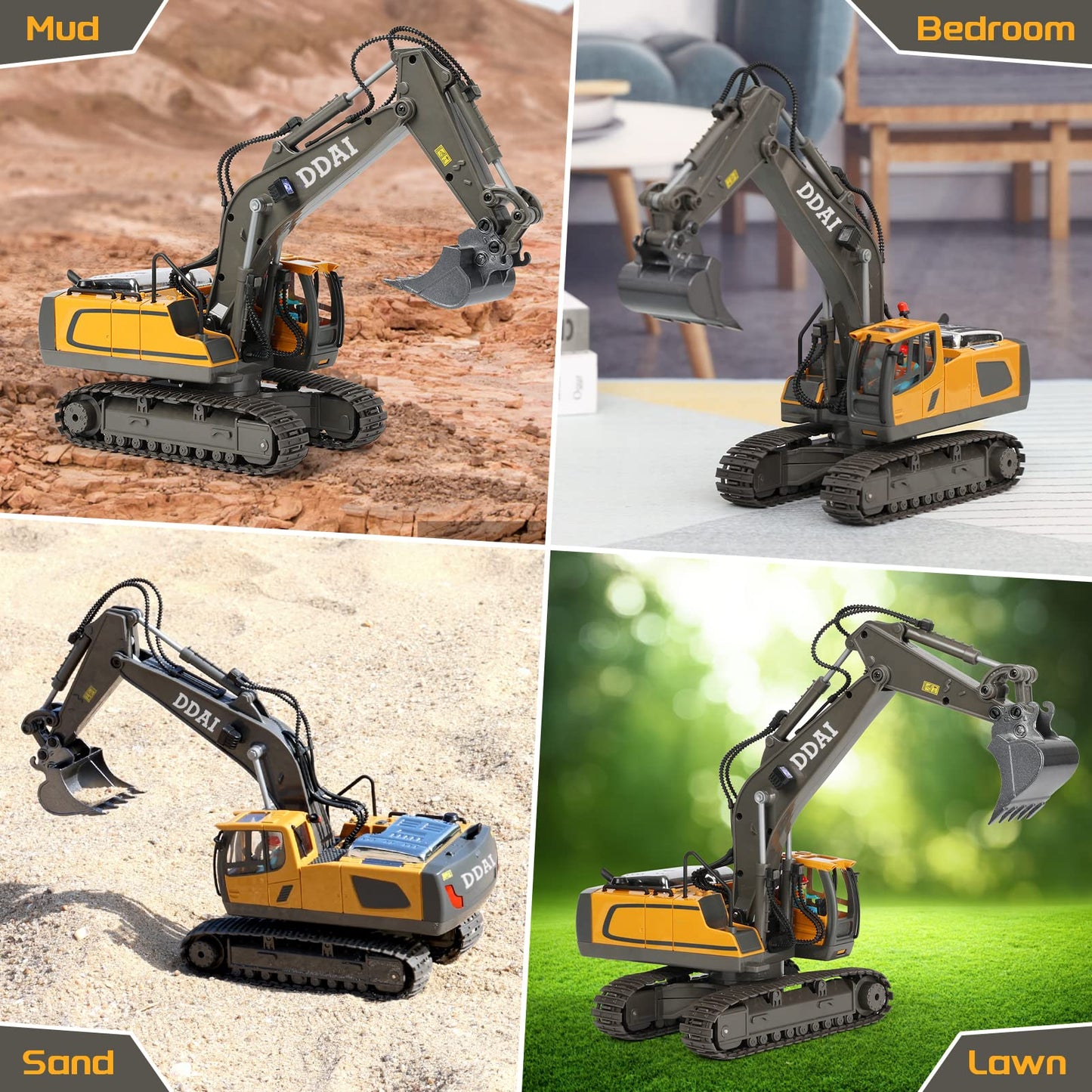 DDAI RC Excavator Toy for Kids – Rechargeable Remote Control Construction Digger with Metal Shovel, Gift for Boys Ages 3-12+