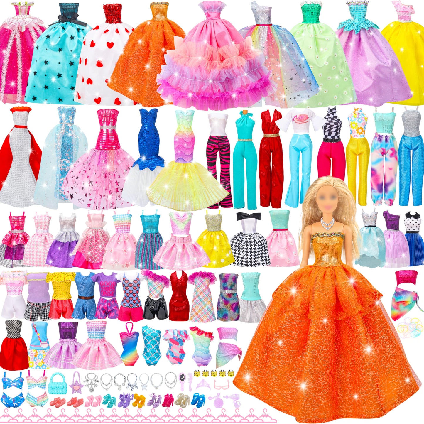 Style Shine 90-Piece Doll Clothes & Accessories Set – Dresses, Gowns, Swimsuits, Shoes, Hangers & Toys for Girls, Kids Gift