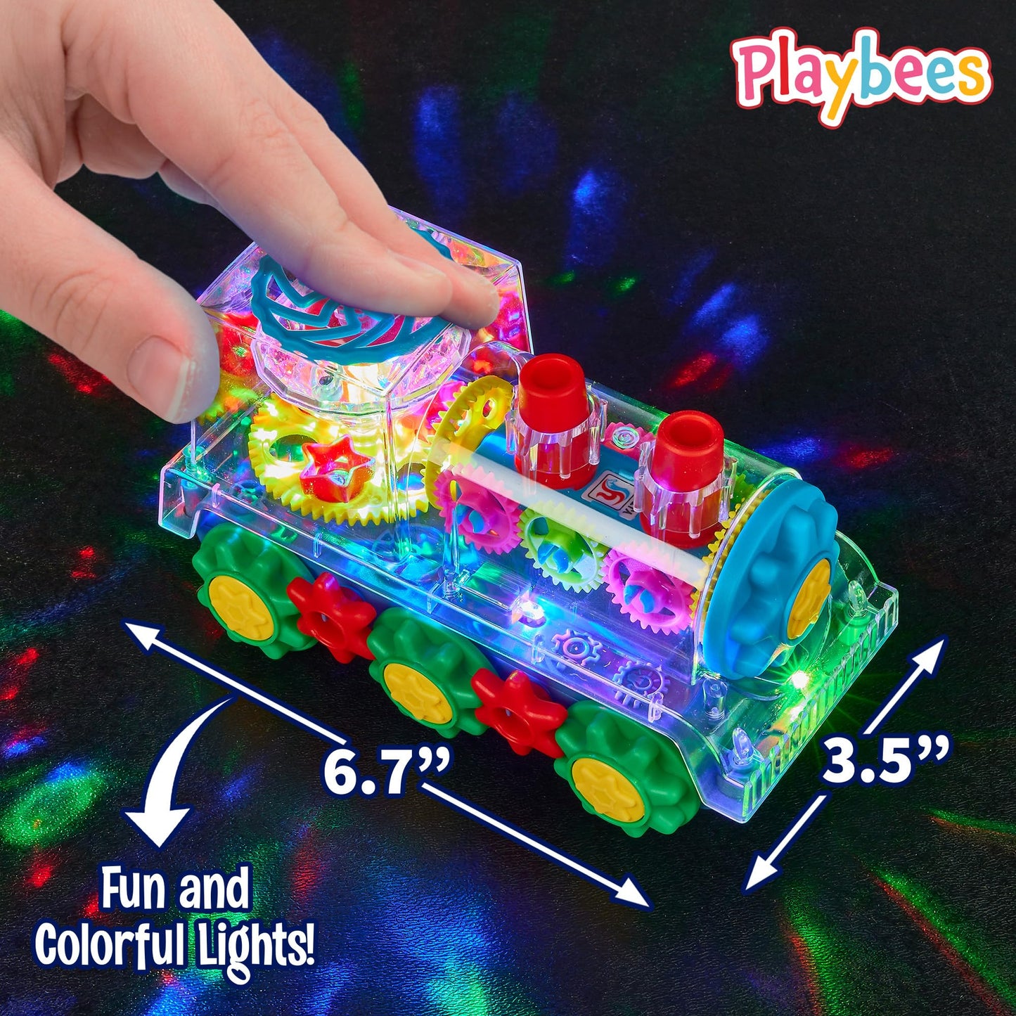 Playbees Light-Up Train Toy for Kids | Transparent Gear Cars, Flashing Lights, Music & Educational Crawling Fun, Battery Operated Birthday Gift