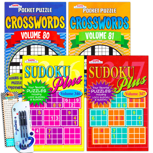 Crossword Sudoku Travel Size Puzzle Books for Adults Seniors Super Set ~ Bundle of 4 Travel Crossword and Sudoku Puzzle Books (Over 330 Puzzles Total)