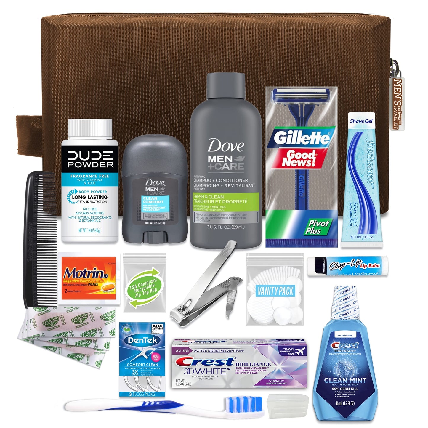 Convenience Kits International Men’s 20-Piece Premium Travel Kit – TSA-Compliant Essentials with Dove Men+Care in Brown Dopp Bag
