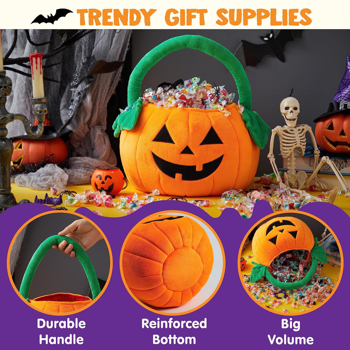 JOYIN Halloween Pumpkin Plush Tote Candy Bag, 11"x13.4" Trick or Treat Basket with Handle for Kids, Party Favors & Gifts