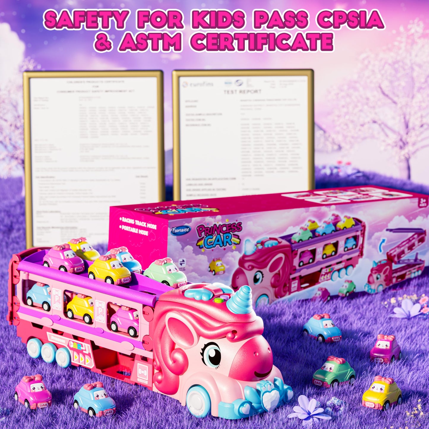 Funwee Unicorn Car Toys for Girls 2-7, Princess Carrier Truck with Sound & Lights, 2-Player Foldable Race Track, Birthday Gift