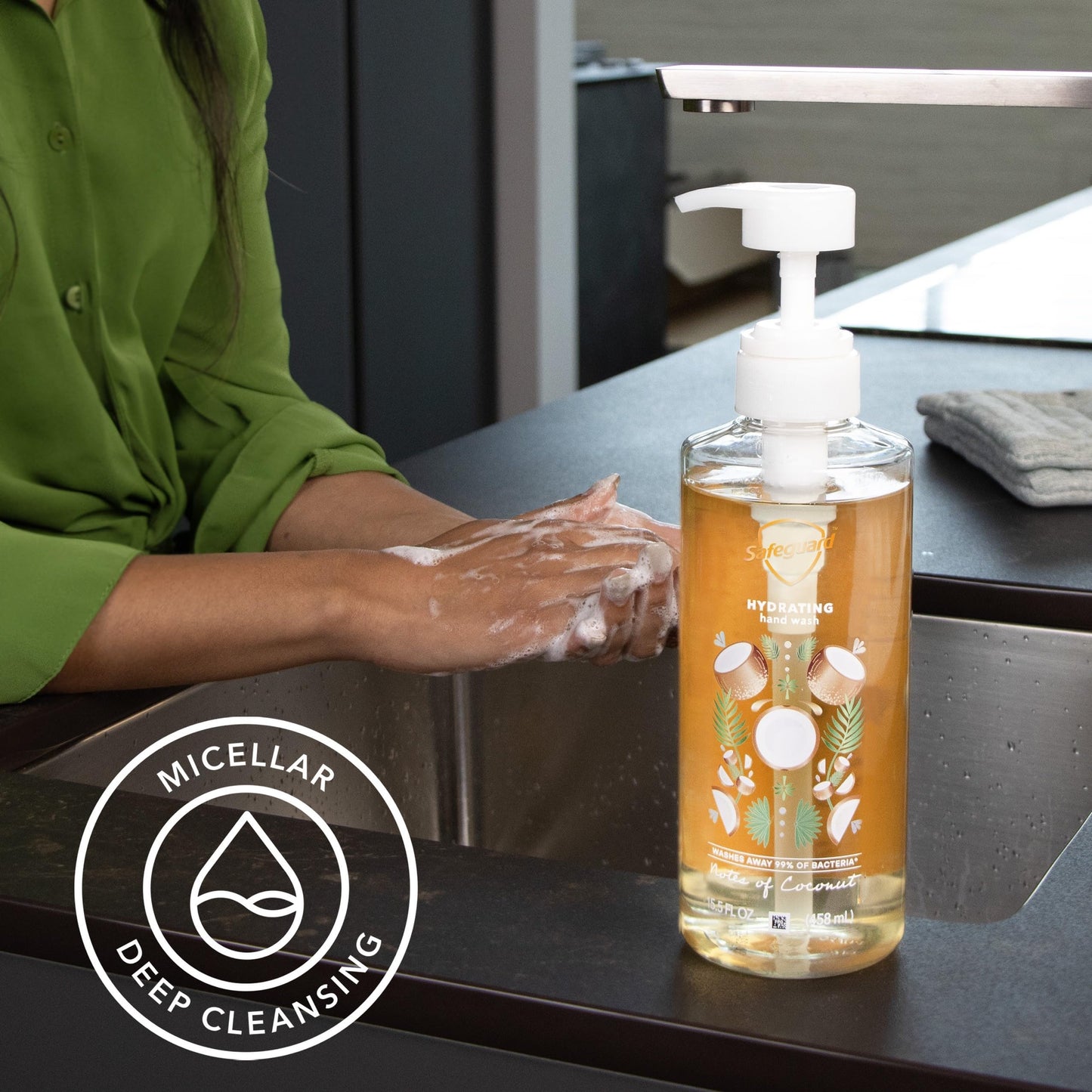 Safeguard Micellar Liquid Hand Soap 15.5oz – Deep Cleansing, PH Balanced, 99% Bacteria Protection, Natural Moisturizers, Coconut Scent