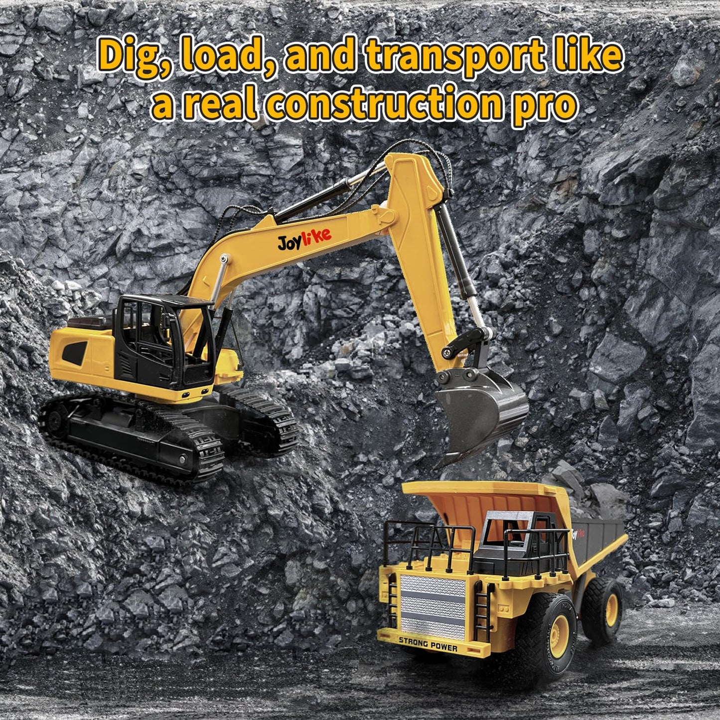 Joylike RC Excavator and Dump Truck Toy Set，2.4Ghz Metal Remote Control Construction Vehicle with Light&Sound, Best Christmas Toy for Boys 8+Year Old Kid