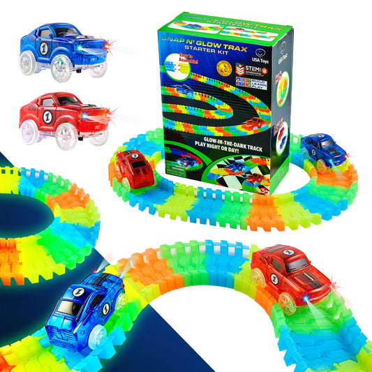 USA Toyz Glow Tracks Starter Kit – 216pc Bendable Glow-in-the-Dark Rainbow Race Track with 2 LED Cars, STEM Toy for Kids