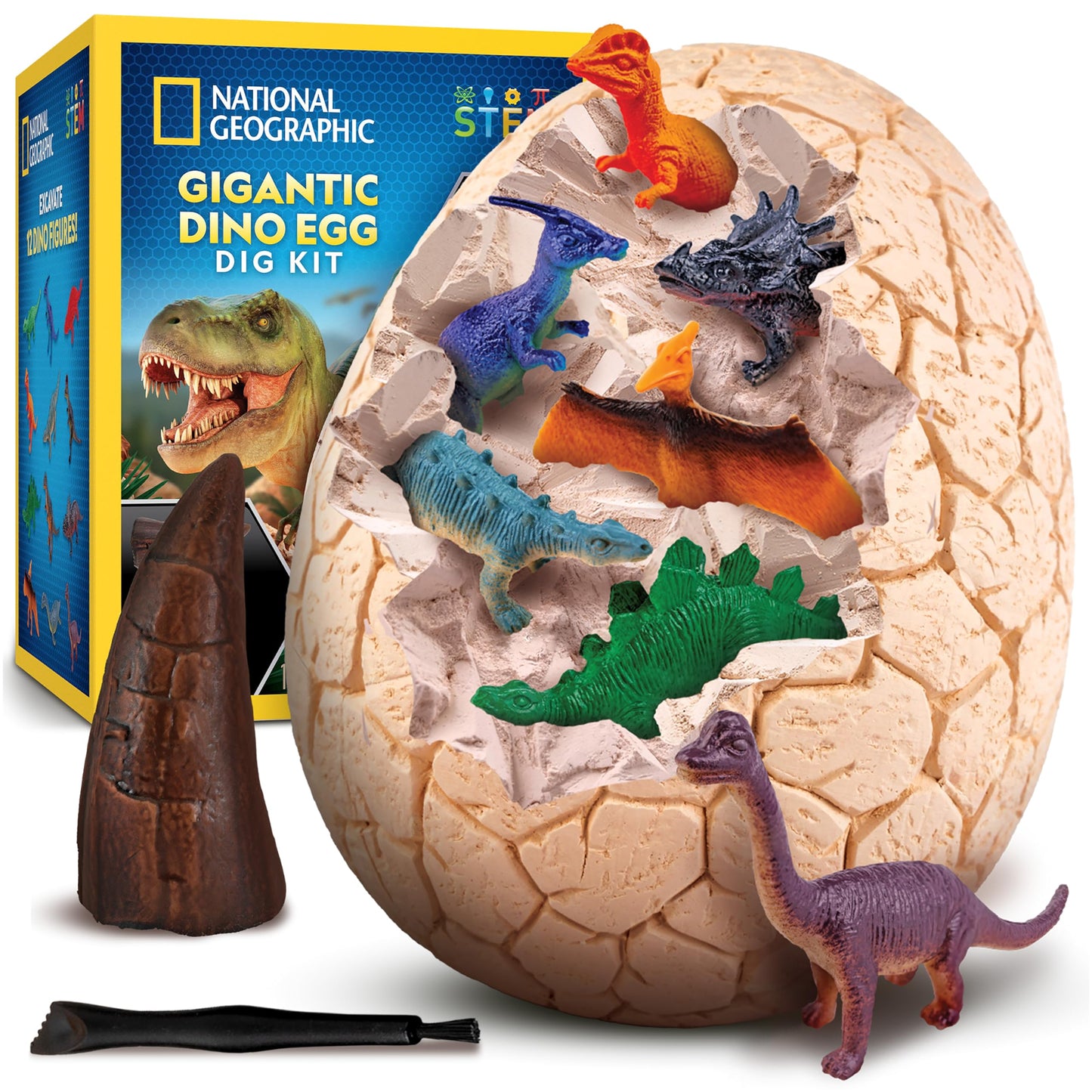 National Geographic Dino Egg Dig Kit – Excavate 12 Dinosaur Figures & T. Rex Tooth from 6" Brick | Educational Science Kit for Kids