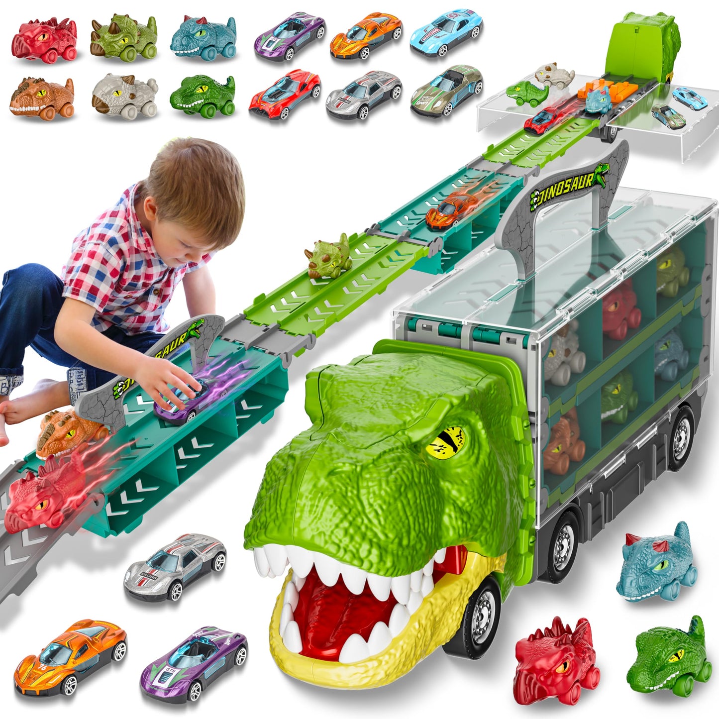13-in-1 Dinosaur Car Toy Set for Kids, Foldable Track & Race Mode with 6 Dino Cars & 6 Race Cars, Toddler Boys 2-6, Birthday Gift