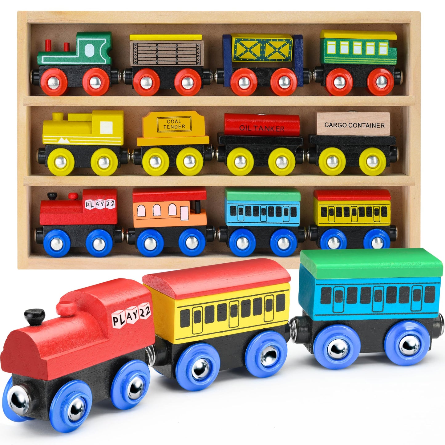 Play22 Wooden Train Set 12 PCS - Magnetic Train Toys with 3 Engines, Compatible with All Major Brands for Toddlers & Kids