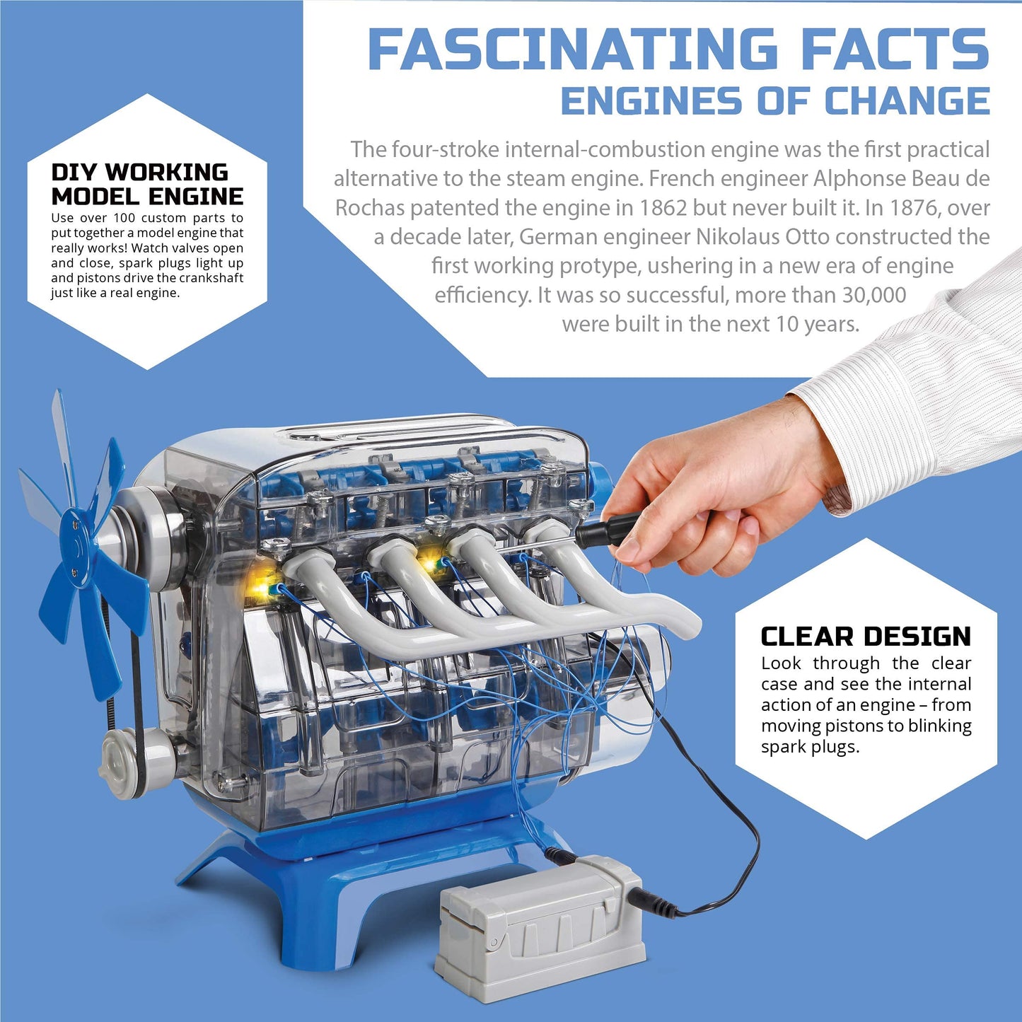 Discovery DIY 4-Cylinder Engine Kit – Working Pistons, Valves, Belts & LED Lights, STEM Mechanics Experiment Set for Kids & Adults