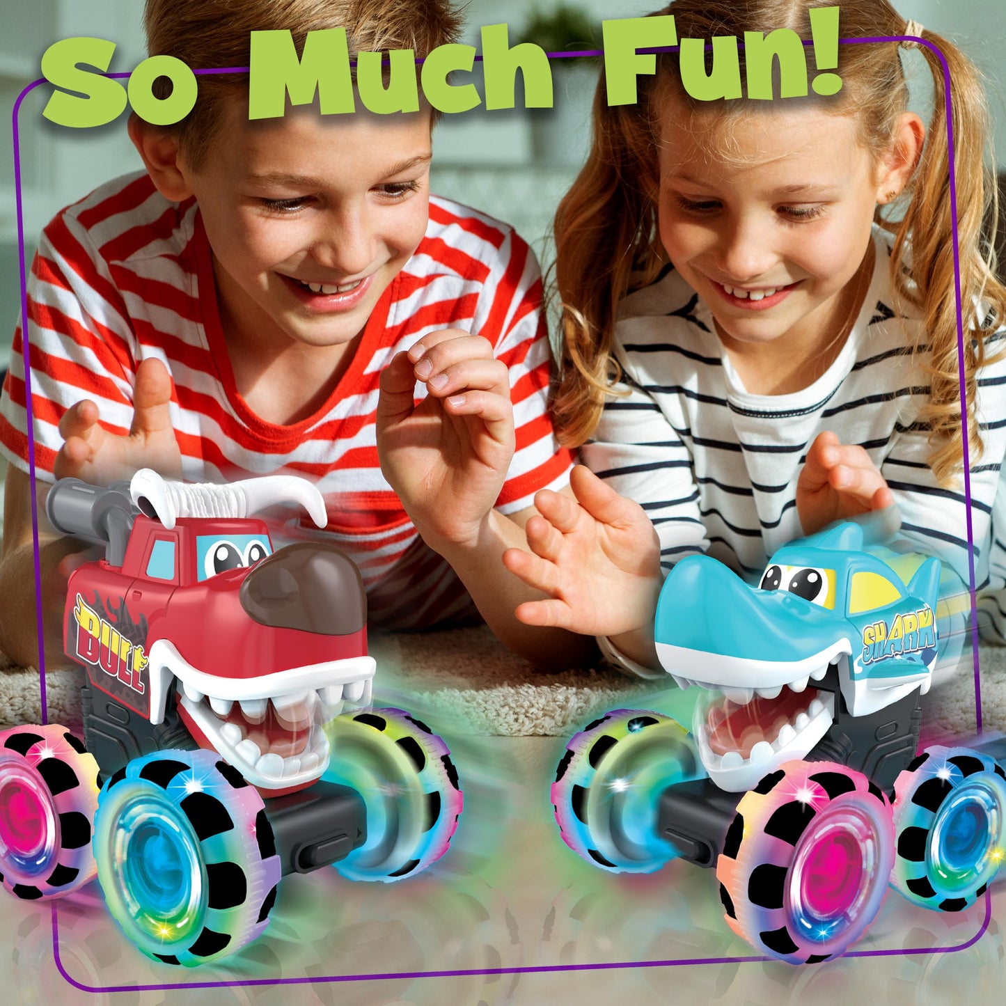 Stargo 2-Pack Monster Truck Toys – Shark & Bull Pull Back Trucks with Light-Up Chomping Action, Birthday Gifts for Boys Ages 3-8