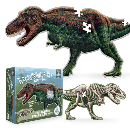 Tyrannosaurus Rex 100-Piece Double-Sided Jigsaw Puzzle – Glow-in-the-Dark Skeleton, 4ft Dino Illustration, Educational Toy for Kids