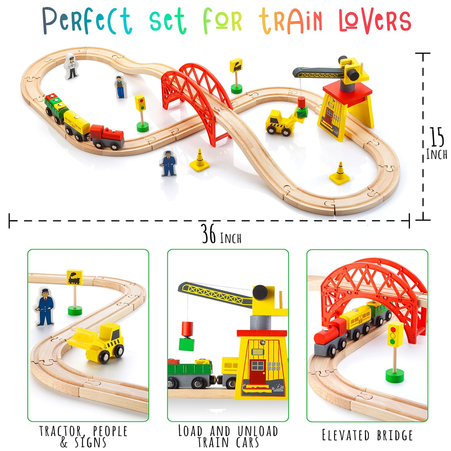 KipiPol 38-Piece Wooden Train Set for Toddlers 2-7 with Crane, Bridge & Tracks – Compatible with Thomas, Brio, IKEA, Melissa & Doug Toys