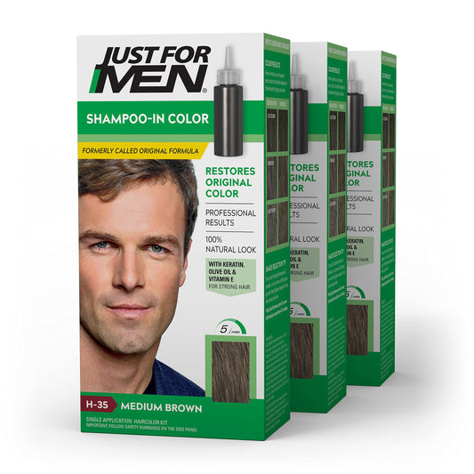 Just For Men Shampoo-In Color H-35 Medium Brown, Pack of 3 – Hair Color with Keratin & Vitamin E for Stronger, Natural-Looking Hair