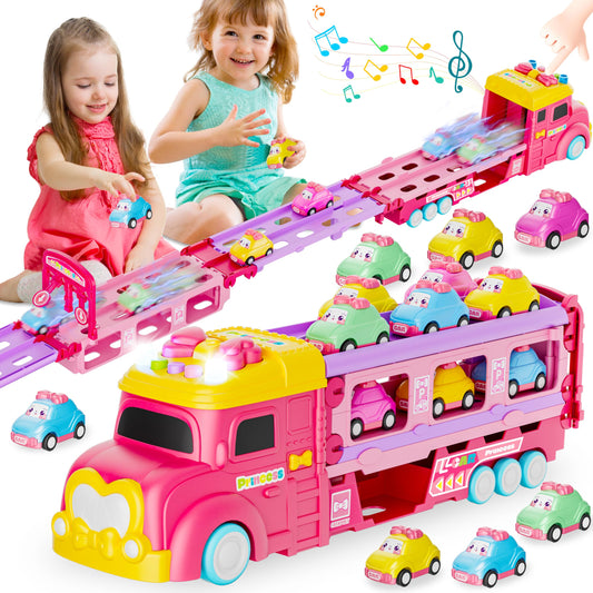 Funwee Foldable Car Track Toy for Girls Age 2-7, 2-Player Race Mode, Light & Sound Cars with Transport Truck, Birthday Gift Idea