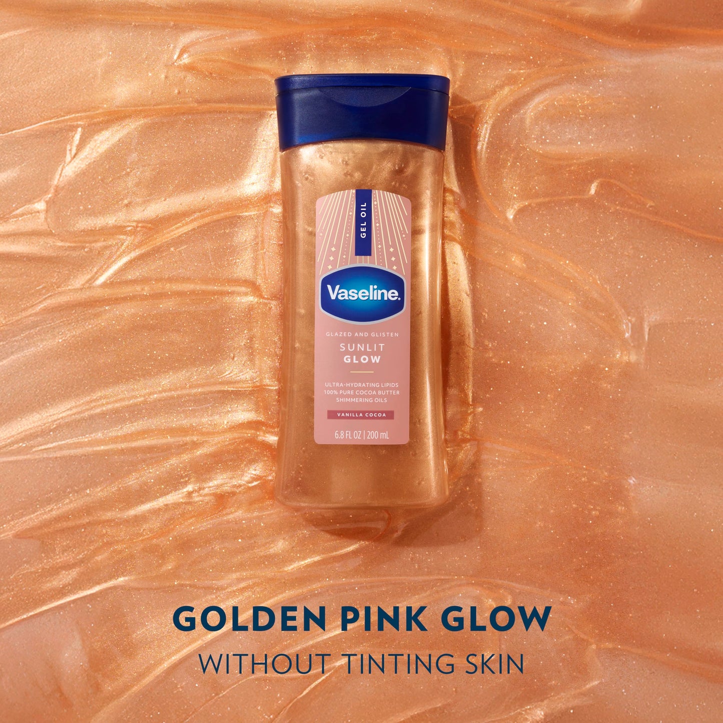Vaseline Glazed and Glisten Sunlit Glow Body Gel Oil Vanilla Cocoa Shimmering with Ultra-Hydrating Lipids and 100% Pure Cocoa Butter, 6.8 Oz