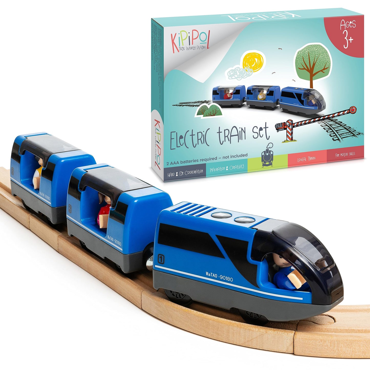 KipiPol Battery Operated Action Locomotive Train for Wooden Tracks, Magnetic Engine Compatible with Thomas & Brio Sets, Kids Ages 3-5+