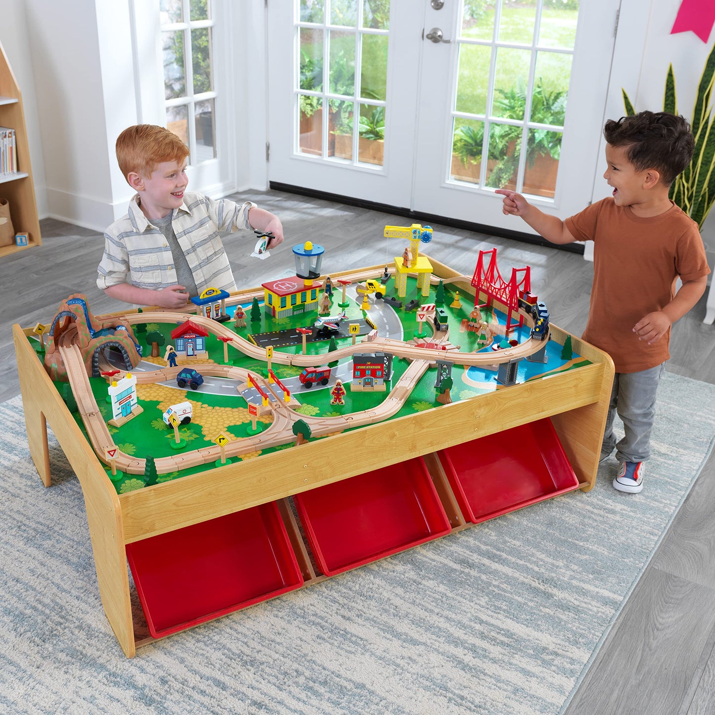 KidKraft Waterfall Mountain Wooden Train Set & Table with 120 Pieces, 3 Storage Bins
