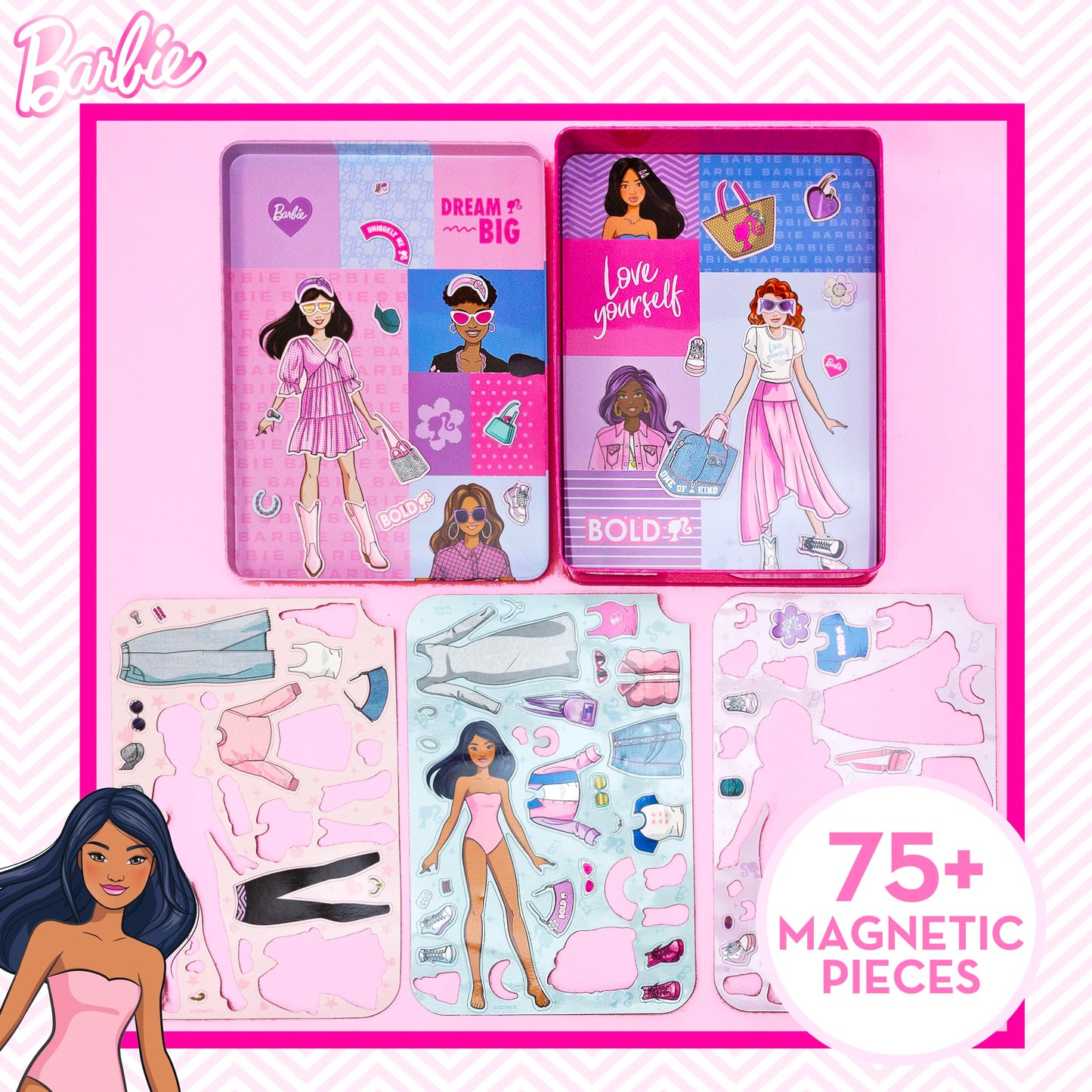 Barbie D.I.Y. Magnetic Play Set, 75 Pieces with 3 Dolls, Crafts & Pretend Play for Kids 4-8, Travel Toy & Birthday Gift for Girls